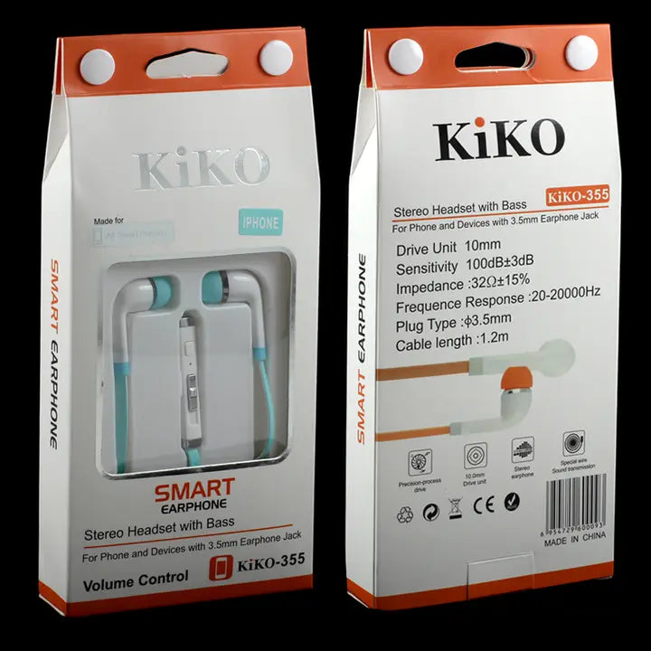 Front and back views of Kiko KIKO-355 Stereo Headset with Bass in its original retail packaging, displayed against a solid black background.