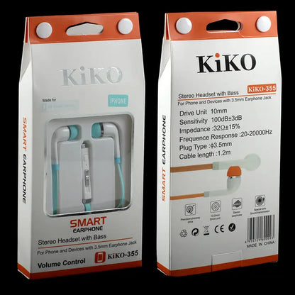 Front and back views of Kiko KIKO-355 Stereo Headset with Bass in its original retail packaging, displayed against a solid black background.
