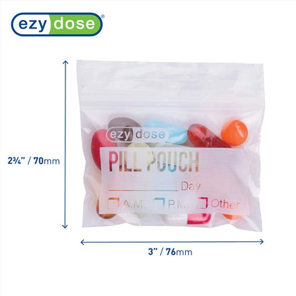 ezy dose pill pouch with colorful pills and measurement details on a white background
