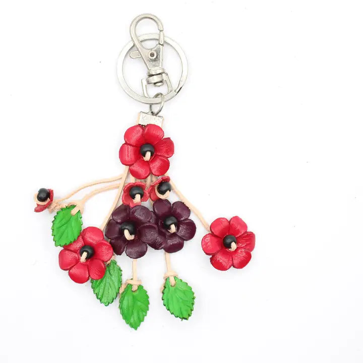 Small Leather Bag Charm/Keychain- Poppies