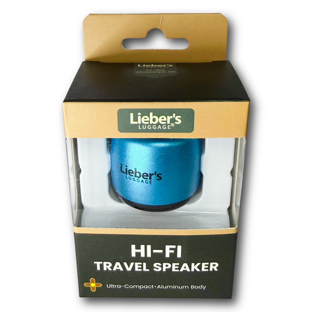 A blue Lieber's Luggage Hi-Fi Travel Speaker inside its original black and gold retail packaging, shown on a white background.
