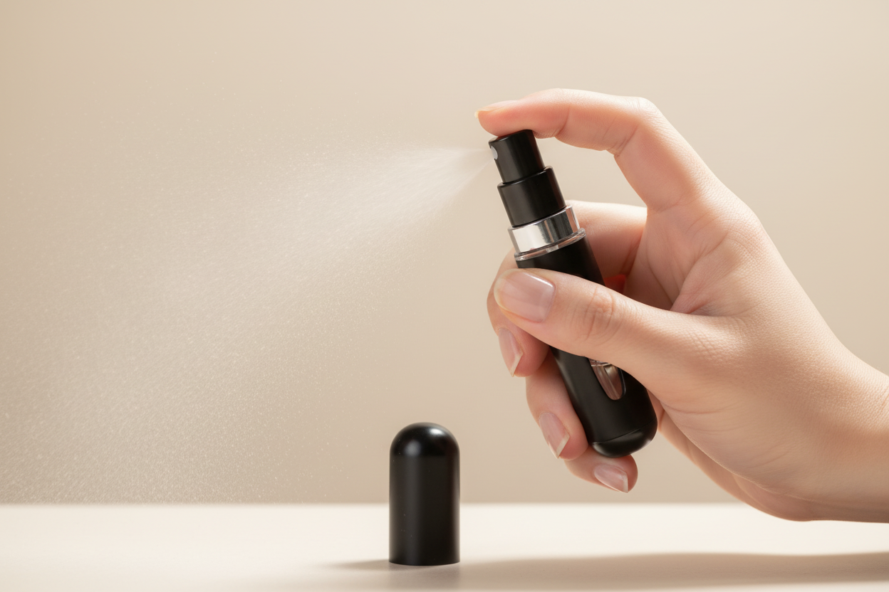 Hand holding Lieber's Luggage Lab travel perfume atomizer spraying a fine mist