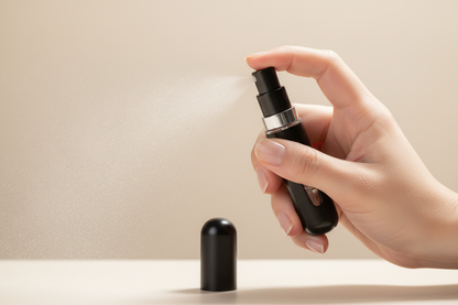 Hand holding Lieber's Luggage Lab travel perfume atomizer spraying a fine mist