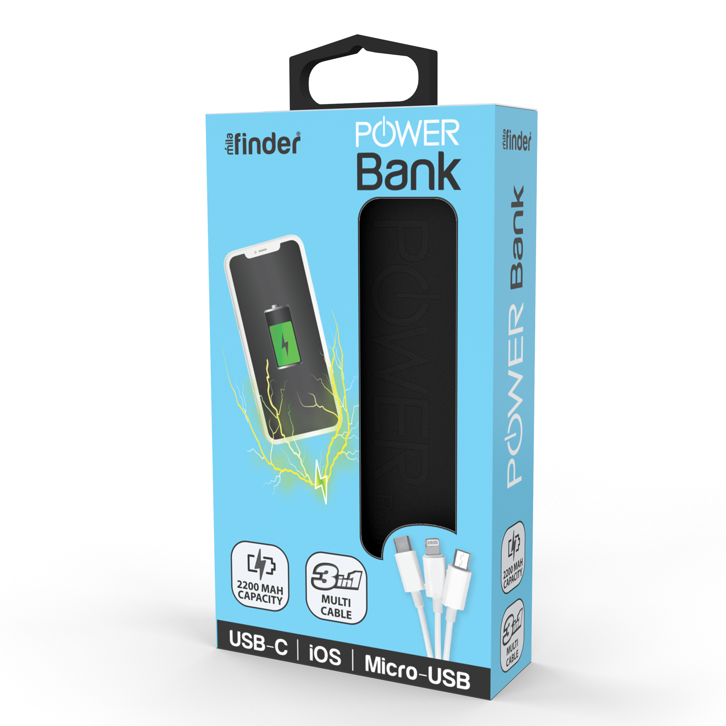 Mila Finder- Cargador portátil de emergencia Power Bank 2200mAh - Negro