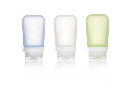 Humangear GoToob+ de 2,5 oz, paquete de 3 botellas de artículos de tocador de silicona 3-1-1 (MEDIO) - Colores surtidos