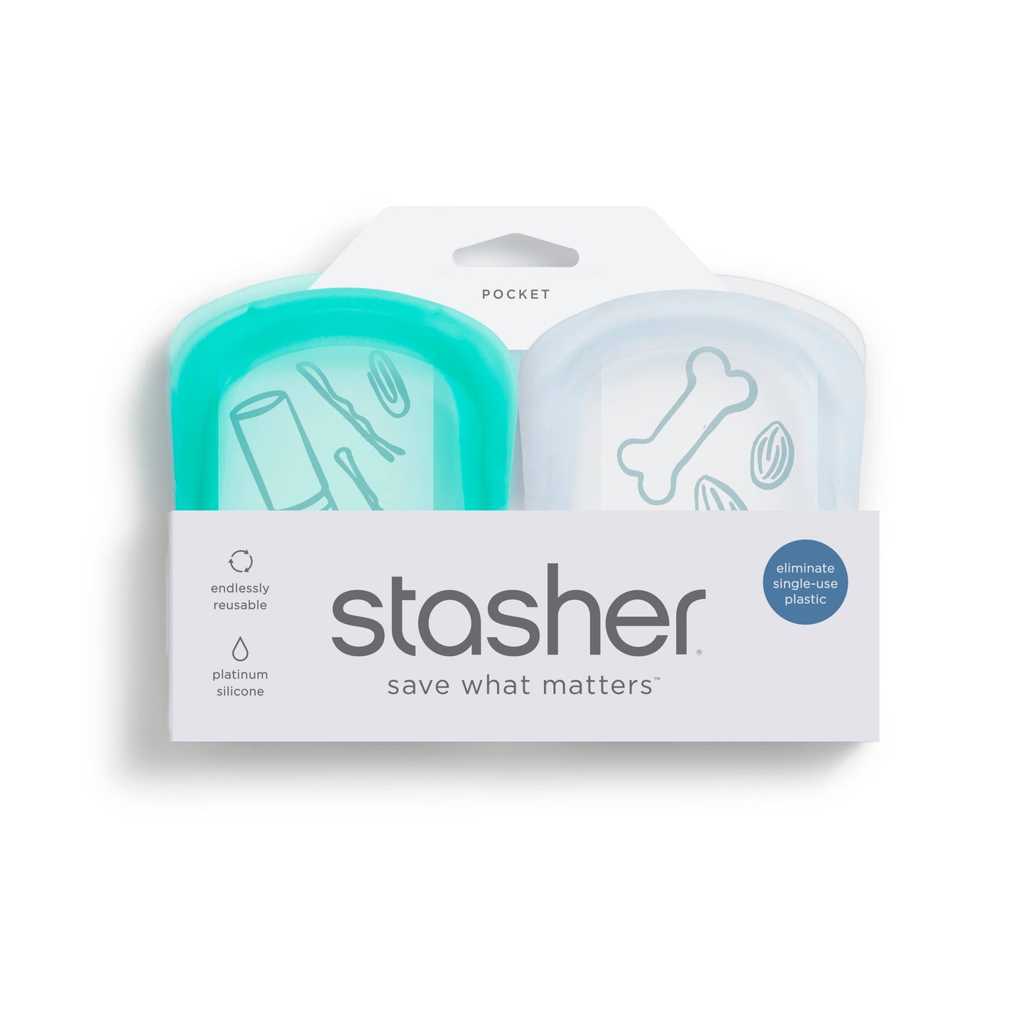 On Sale - Stasher - Pocket Size 2-pack (1 Clear + 1 Aqua)-3.25 x 4.75 x 1 inches