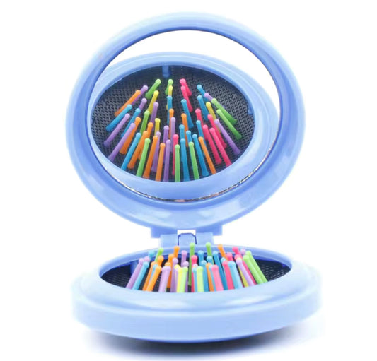 Round Hair Brush/Mirror Blue Rainbow