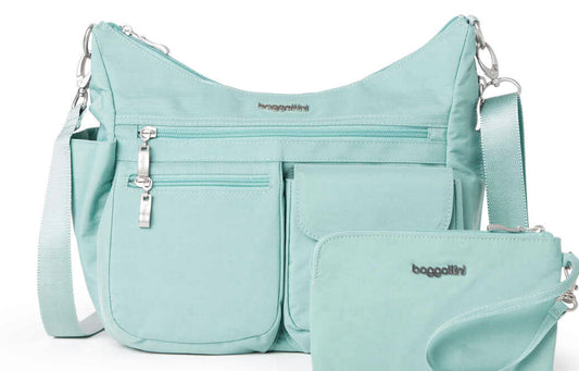 Baggallini Modern Everywhere Hobo Crossbody w/ Trolley Sleeve & RFID Wristlet Wallet Sea Glass