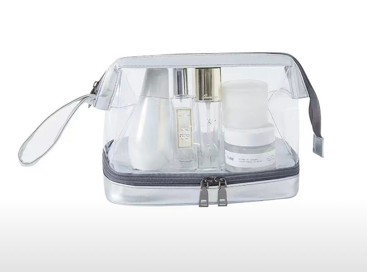 Wet/Dry Clear Travel Toiletry/Cosmetic Zip Bag With Carrying Handle