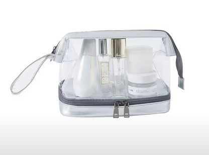Wet/Dry Clear Travel Toiletry/Cosmetic Zip Bag With Carrying Handle Silver